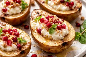 Quick Baked Pears with Ricotta Cream and Pomegranate Seeds