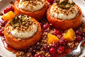 Baked persimmons stuffed with ricotta cream, served with cranberry-orange compote and nut crumble