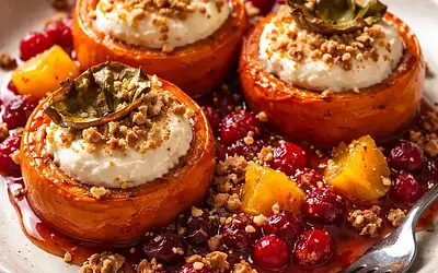 Baked persimmons stuffed with ricotta cream, served with cranberry-orange compote and nut crumble