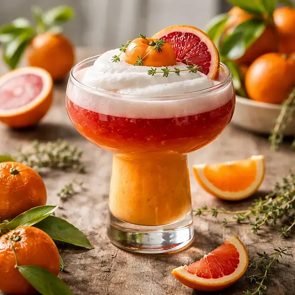 Koktajl sezonowy: klementynowo-bloodorange z musem kaki i chmurką z aquafaby (wariant 46741bff)