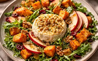 Traditional autumn salad with roasted pumpkin, apple, and baked camembert
