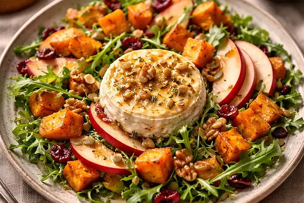 Tradycyjna sałatka jesienna z pieczoną dynią, jabłkiem i pieczonym camembertem