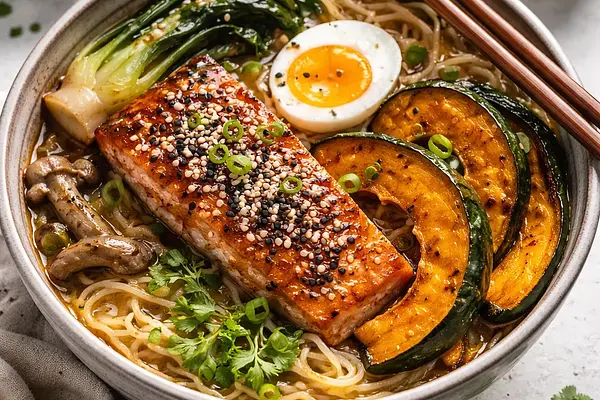 Zimowa miso-ramen fusion z pieczoną dynią kabocha i glazurowanym łososiem