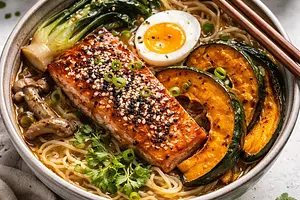 Winter miso-ramen fusion with roasted kabocha squash and glazed salmon