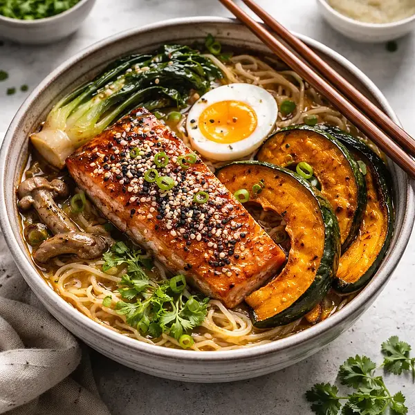Zimowa miso-ramen fusion z pieczoną dynią kabocha i glazurowanym łososiem