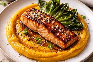 Miso-glazed salmon on kabocha pumpkin puree with crispy pak choi and toasted sesame