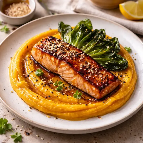 Łosoś miso-glazurowany na puree z dyni kabocha z chrupiącym pak choi i prażonym sezamem