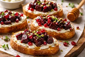 Crostini z pieczonymi burakami, kozim serem i granatem
