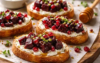 Crostini z pieczonymi burakami, kozim serem i granatem