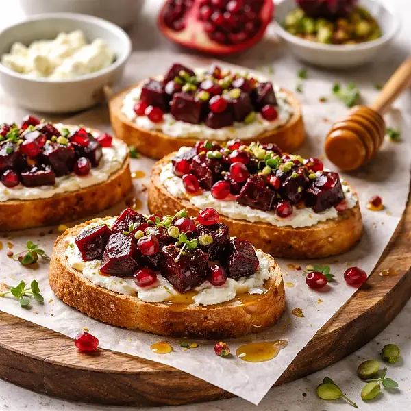 Crostini z pieczonymi burakami, kozim serem i granatem