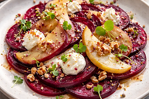 Layered beetroot carpaccio with marinated pear, goat cheese cream, and nut crumble