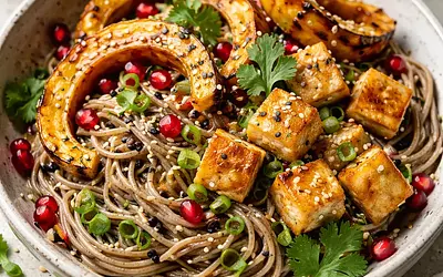 Soba fusion with roasted kabocha squash, crispy tofu, and pomegranate (variant 033f8c03)