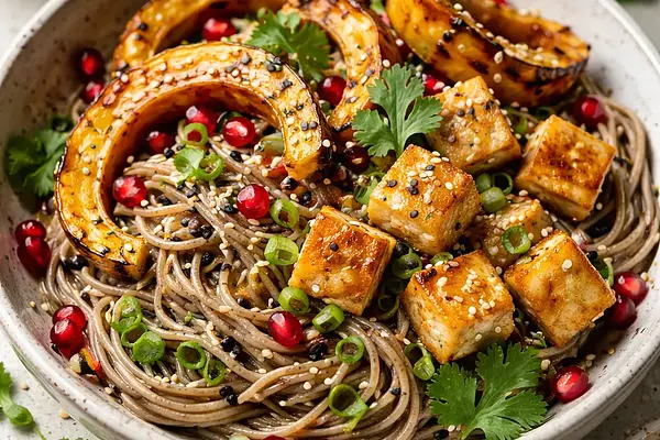 Soba fusion z pieczoną dynią kabocha, chrupiącym tofu i granatem (wariant 033f8c03)
