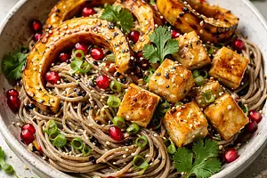 Soba fusion with roasted kabocha squash, crispy tofu, and pomegranate (variant 033f8c03)