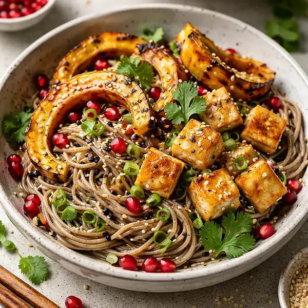 Soba fusion z pieczoną dynią kabocha, chrupiącym tofu i granatem (wariant 033f8c03)