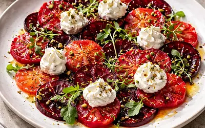 Modern cold carpaccio of roasted beets and blood oranges with goat cheese cream