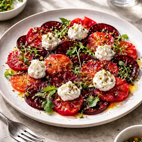 Nowoczesne zimne carpaccio z pieczonych buraków i krwistych pomarańczy z kremem kozim (wariant 35d5b905)