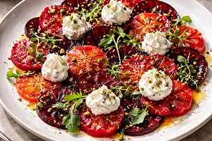 Nowoczesne zimne carpaccio z pieczonych buraków i krwistych pomarańczy z kremem kozim (wariant 35d5b905)