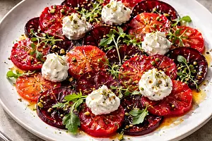 Modern cold carpaccio of roasted beets and blood oranges with goat cheese cream