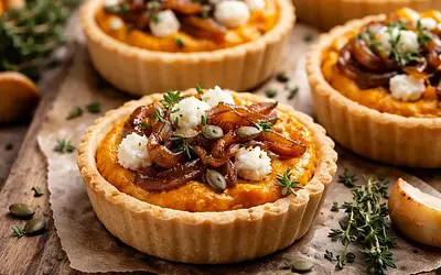 Autumn mini tarts with roasted pumpkin cream, goat cheese, and caramelized onions