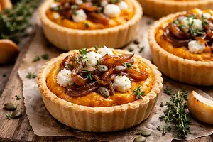 Autumn mini tarts with roasted pumpkin cream, goat cheese, and caramelized onions