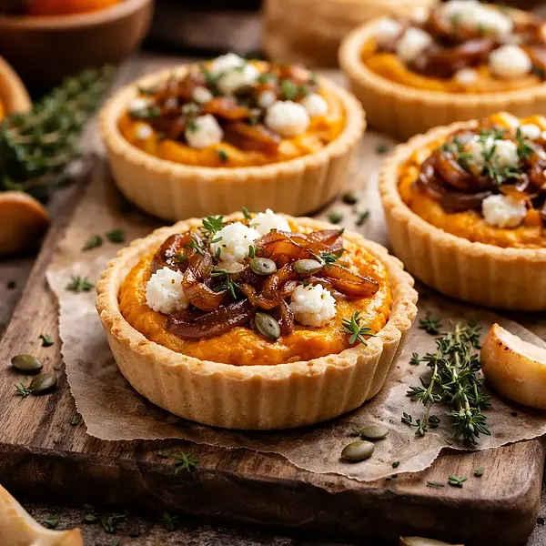 Jesienne mini tartaletki z kremem z pieczonej dyni, kozim serem i karmelizowaną cebulą (wariant 862a4ae5)
