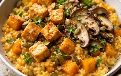 Autumn fusion: creamy risotto with Hokkaido pumpkin, crispy tofu, and pickled shiitake