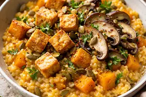 Jesienne fusion: kremowe risotto z dynią Hokkaido, chrupiącym tofu i marynowanymi shiitake