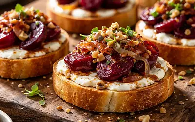 Imprezowe tartinki z kozim serem, glazurowanym burakiem i karmelizowaną cebulą (szybkie)