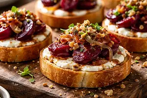 Party Tartlets with Goat Cheese, Glazed Beets, and Caramelized Onions (Quick)
