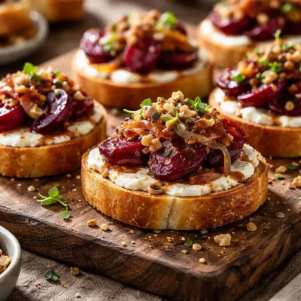 Imprezowe tartinki z kozim serem, glazurowanym burakiem i karmelizowaną cebulą (szybkie)