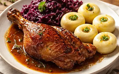 Roast Duck Kujawy Style with Red Cabbage and Silesian Dumplings
