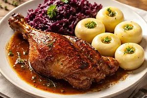 Roast Duck Kujawy Style with Red Cabbage and Silesian Dumplings