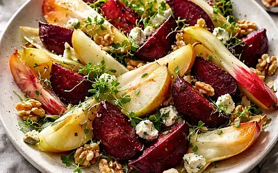 Traditional Winter Salad with Roasted Beetroot, Endive, Pear, and Blue Cheese