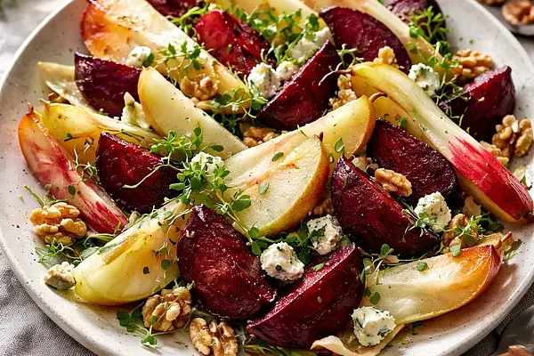 Tradycyjna zimowa sałatka z pieczonym burakiem, cykorią, gruszką i serem pleśniowym