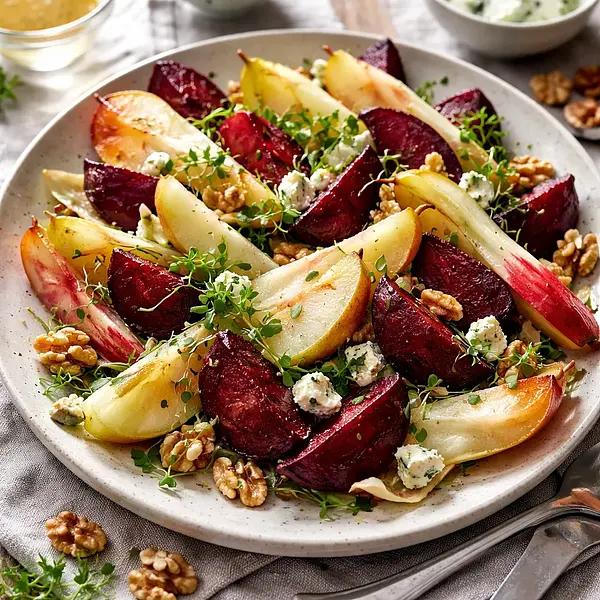 Tradycyjna zimowa sałatka z pieczonym burakiem, cykorią, gruszką i serem pleśniowym