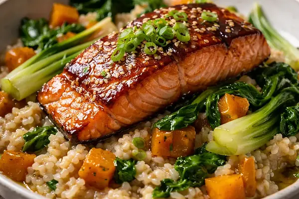 Miso-glasowany łosoś na zimowym ryżowym risotto z dynią i pak choi (Wariant 50fb6798)