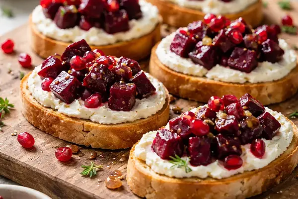 Krostini imprezowe z pieczonym burakiem, kremem z koziego sera i pestkami granatu (wersja e599b418)