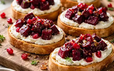 Party Crostini with Roasted Beetroot, Goat Cheese Cream, and Pomegranate Seeds