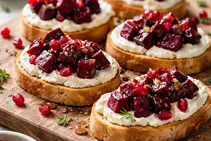 Party Crostini with Roasted Beetroot, Goat Cheese Cream, and Pomegranate Seeds