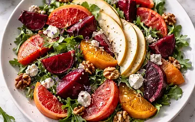 Modern winter salad with roasted beets, blood oranges, pear, and goat cheese