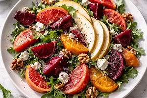 Modern winter salad with roasted beets, blood oranges, pear, and goat cheese