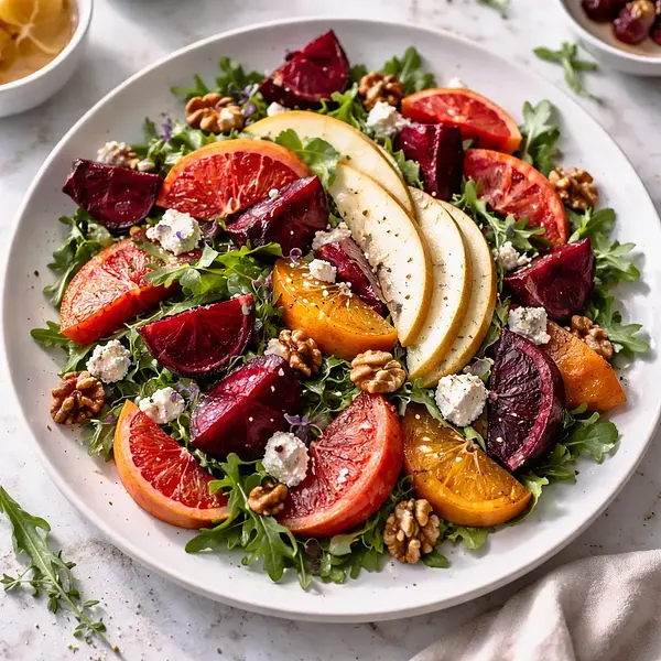 Nowoczesna zimowa sałatka z pieczonych buraków, krwistych pomarańczy, gruszki i koziego sera