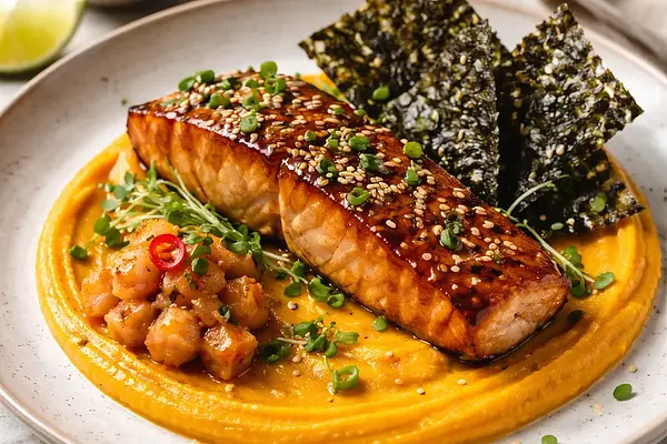 Nowoczesny łosoś miso z puree z dyni Hokkaido, kimchi z gruszki i chipsami nori (wariant e281024b)