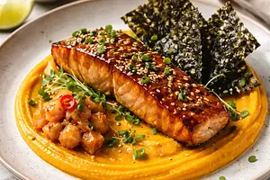 Modern miso salmon with Hokkaido pumpkin puree, pear kimchi, and nori chips (variant e281024b)