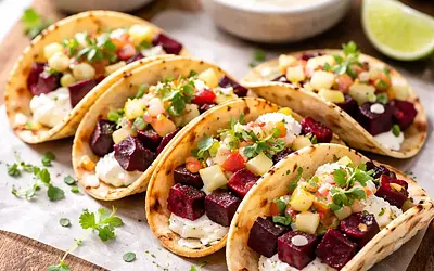 Mini tacos fusion with roasted beetroot, apple-honey salsa, and goat cheese cream