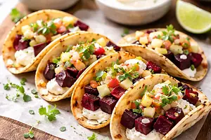 Mini tacos fusion z pieczonym burakiem, salsą jabłkowo-miodową i kremem z koziego sera
