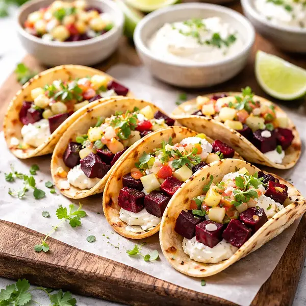Mini tacos fusion z pieczonym burakiem, salsą jabłkowo-miodową i kremem z koziego sera