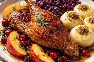 Roast duck in Greater Poland style with apples and cranberries, served with red cabbage and Silesian dumplings