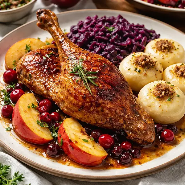 Kaczka pieczona po wielkopolsku z jabłkami i żurawiną, podana z czerwoną kapustą i kluskami śląskimi